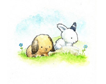 Two Cute Bunnies Watercolor Print