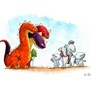 Three Knights - One Dragon? Watercolor Print