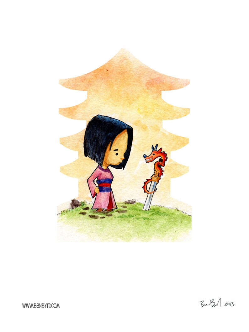 Mulan Et Mushu Aquarelle