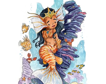 Lionfish Mermaid Watercolor Print