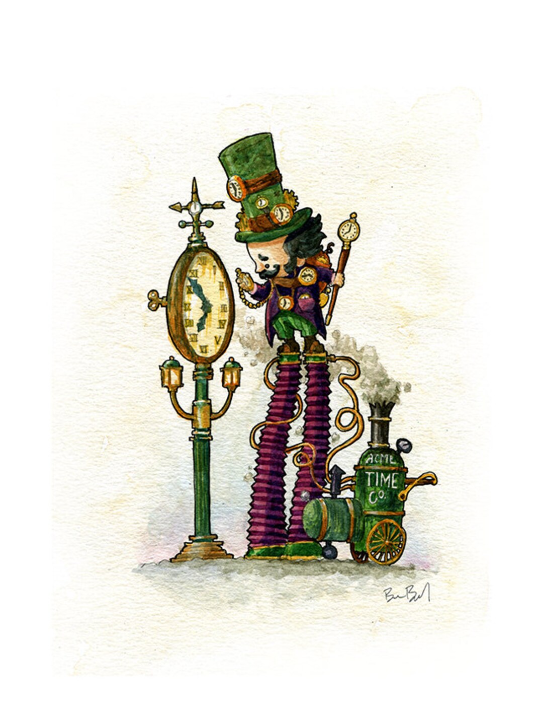 The Clockman Checks the Village Clocks Watercolor Print Etsy