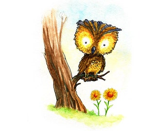 Little Yellow Owl and Sunflowers Watercolor Print