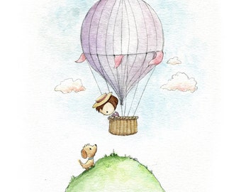 Hot Air Balloon Little Girl and Puppy Watercolor Print