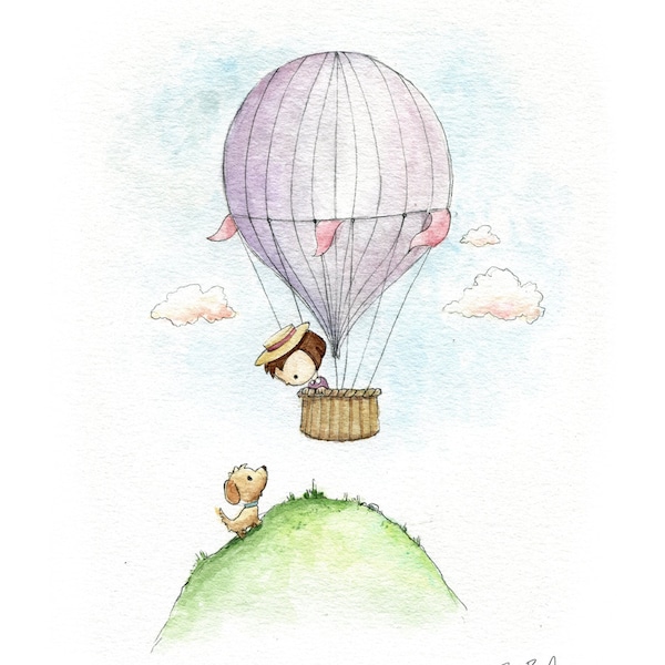 Hot Air Balloon Little Girl and Puppy Watercolor Print