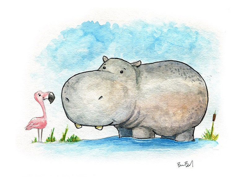 A Little Hippo Watercolor Print image 1