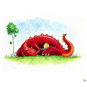 The Red Dragon and the Sleepy Boy Watercolor Print