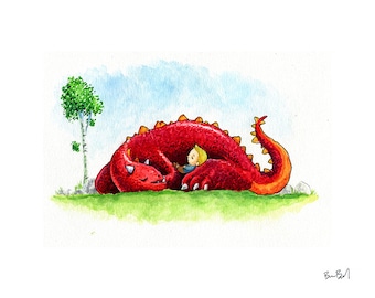 The Red Dragon and the Sleepy Boy Watercolor Print