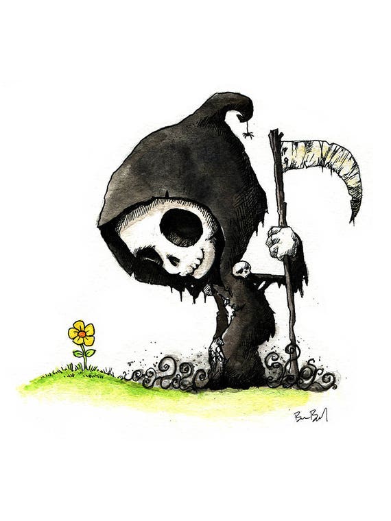 Grim Reaper and Yellow Flower Watercolor Print | Etsy