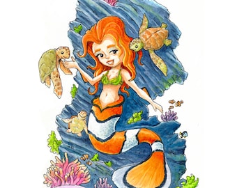 Mermaid Clown Fish Watercolor Print