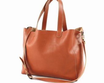 BORSA TOTE in PELLE cognac, regalo per lei, Borsa grande, Borse donna, Borse e borsette