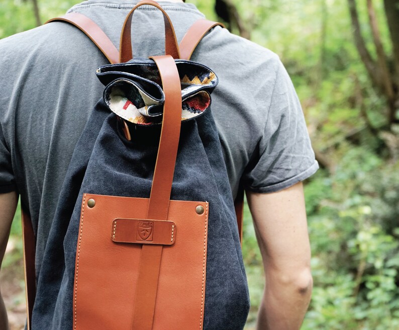 leather RUCKSACK blue waxed canvas backpack hipster Man bag Woman canvas boho backpack