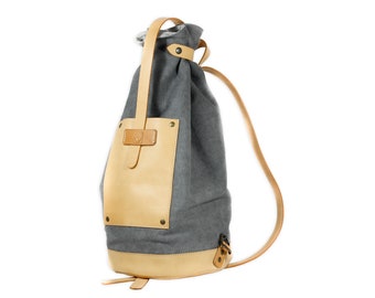 HANDMADE MINIMAL natural leather and grey canvas BACKPACK