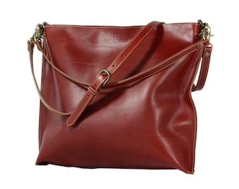 BORSA artigianale a SPALLA in PELLE marrone rosso inglese