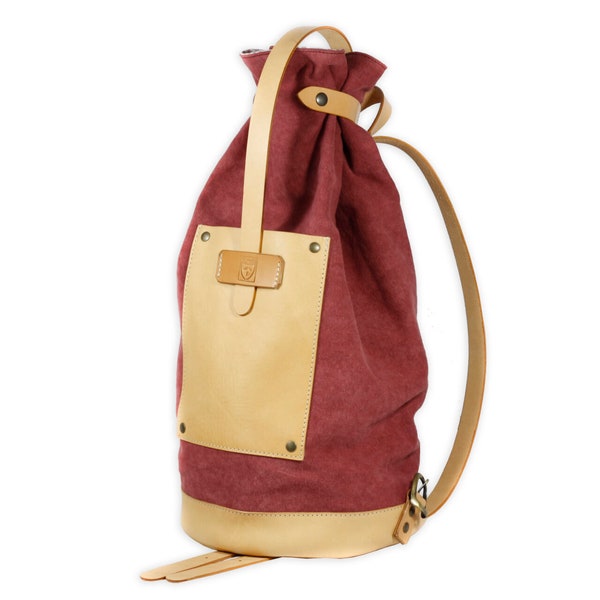 Anpassbarer RUCKSACK aus toskanischem LEDER und rotem Canvas, praktisch und leicht