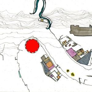 May include: A hand-drawn illustration of a city plan with a red circle in the center, surrounded by buildings and streets. The buildings are drawn in different colors, including gray, brown, purple, and orange. The illustration is drawn on white paper with black lines.