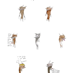 May include: Whimsical watercolor illustration titled "Lurking Wolves" featuring several anthropomorphic wolf-like figures. Some figures hold shopping bags or a shopping cart. Handwritten text includes phrases like "call me paranoid" and "I've been feeling so much better."