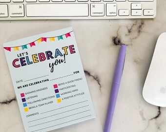 Celebration Note Pad for Positive Reinforcement | Small Notepad | Classroom Management