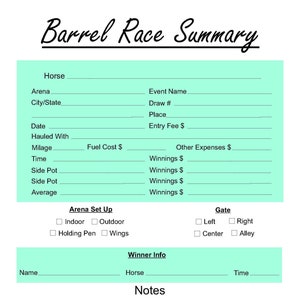 May include: A printable barrel race summary sheet with sections for horse information, arena set up, winner info, and notes. The sheet is on a light green background.