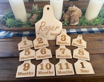 Cow tag baby milestones with large custom name tag