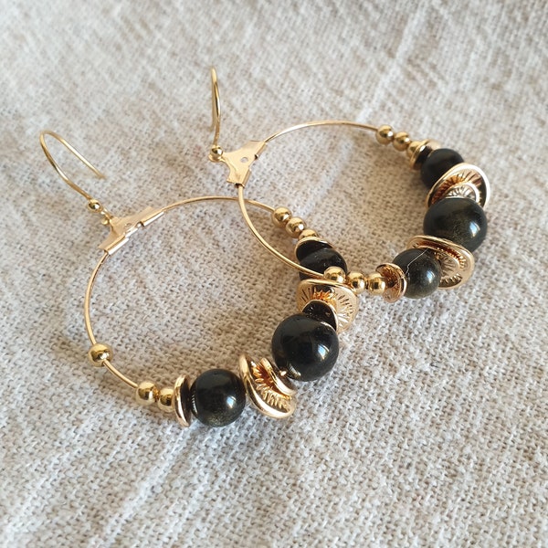 Boucles d'oreilles créoles obsidienne dorée TALULLAH