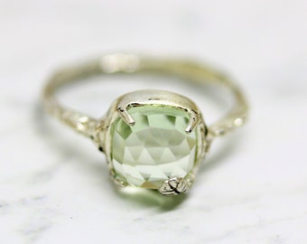 Green Amethyst Talisman Ring in Gold or Silver, Made to Order Stacking Statement Ring with Green Amethyst, Green Amethyst Statement Ring