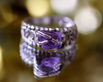 Amethyst Silver Textured Ring, Kasen Ring Collection- Purple Raw Amethyst Ring in size 5