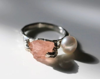 Raw Morganite and Pearl Ring, Unique Raw Morganite Ring with Pearl, Ready to Ship in 6.75, Silver Ring with Rough morganite Ring and Pearl