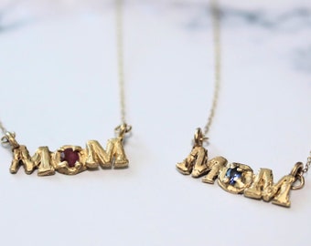 Gold MOM Necklace wit Ruby or Sapphire, Mom Necklace in 10K gold with Ruby or Blue Sapphire, One of a Kind Mom Necklace