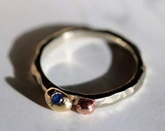 Gold Nibble Ring with Sapphire, 14K Yellow&Pink Gold with 10K White gold Band,  Anniversary Ring, Unique one of a kind, Ready to Ship,