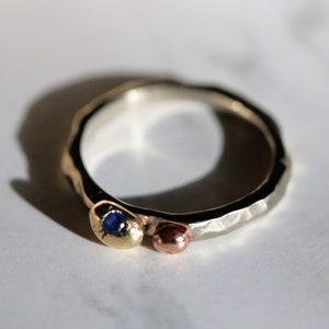 Gold Nibble Ring with Sapphire, 14K Yellow&Pink Gold with 10K White gold Band,  Anniversary Ring, Unique one of a kind, Ready to Ship,