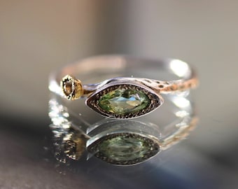 Green Tourmaline with Moonstone Flower Eye Ring, Ready to Ship, One of a Kind Fresh Mint Green Tourmaline Silver Ring with 18K Yellow Gold