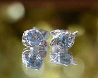 Blooming Buds Earrings, Blue Topaz Sterling Silver Unmaching Earring Set, Hand Carved Silver Blue Topaz Earrings, Blue Topaz Stud Earrings