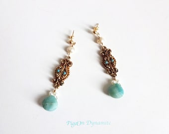Aqua Chalcedony Earrings: Gold Filled Vintage Charm with Pearls