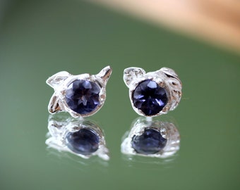 Iolite Sterling Silver Stud Earrings, Flower Buds iolite Studs, Daily wear earrings, Purple iolite silver earrings