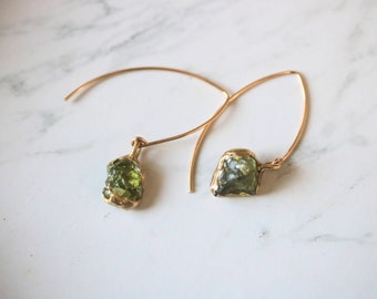 Raw Peridot V Hook Earrings, Raw Peridot One of a Kind Gold Earrings, Ready To Ship Raw Peridot Earrings, Rough Peridot Hook Earrings