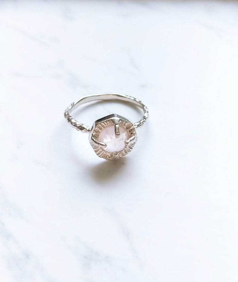 Rose quartz silver solitaire ring-Rose cut rose quartz silver ring, dainty silver rose quartz ring, healing stone ring image 9