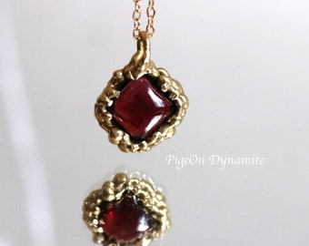 Garnet Square Pendant/Gold Filled and Brass Garnet Pendant Necklace/One of a Kind Simple Pendant/January Birthstone Necklace