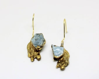 Melted Metal Aquamarine Earrings, One of a Kind Raw Aquamarine Earrings, Ready to Ship Aquamarine Earrings, Perfect Gift For March