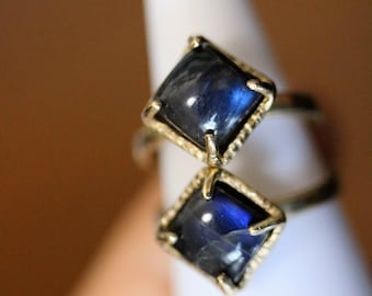 Blue Labradorite Square Solitaire Brass Statement Ring, Ready to Ship, Labradorite Ring, Gift for Her, Unisex Statement Ring