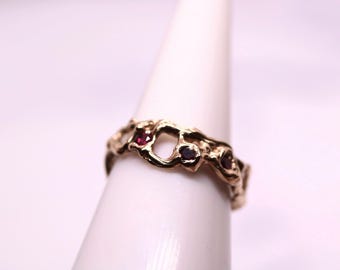 Three Ruby 10K Gold Ring - Jukai Organic Stacking Design, Size 6