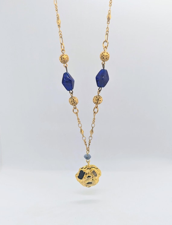 Raw Tourmaline Talisman Vintage Necklace: Brass & Blue Glass