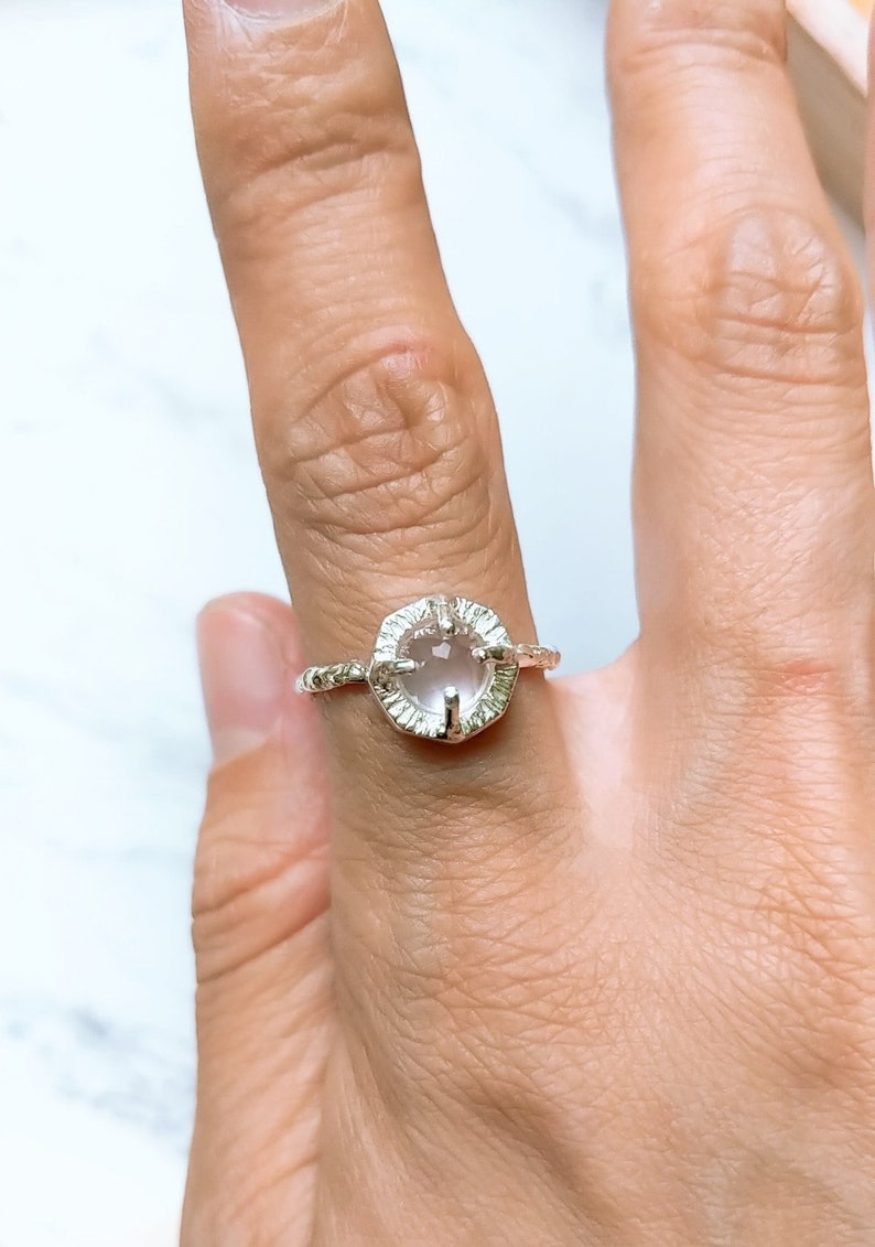 Rose quartz silver solitaire ring-Rose cut rose quartz silver ring, dainty silver rose quartz ring, healing stone ring image 7