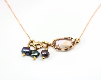 Colar Jukai Ametrine: Pingente de Ouro Rosa com Pérolas Pretas Frescas