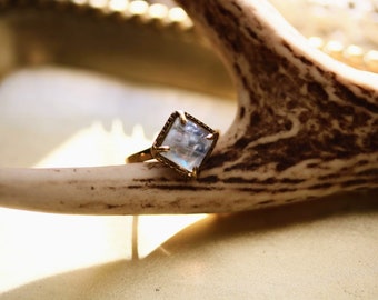 Square cushion cut Rainbow Moonstone Solitaire Ring in size 6.5 -Ready to ship, Blue Flash Rainbow Moonstone Ring