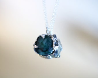 Emerald and Raw Diamond Silver Pendant Necklace, Large Emerald Necklace with Raw Diamonds, Emerald Pendant with Raw Blue Diamonds