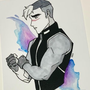 May include: A black and white illustration of a man with a galaxy-themed watercolor background. He has short, dark hair and a white streak in his hair. He is wearing a black jacket with a white collar and a white stripe down the arm. He is clenching his fists.