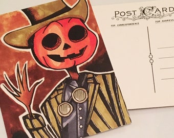 Steampumpkinhead - Original Art Illustration Postcard Stationary - Steampunk Pumpkin