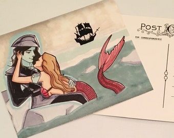 Ghost Pirate and Mermaid Summer Romance - Original Art Illustration Postcard Stationary