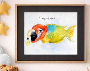 Parrotfish Watercolor Painting – Funny Tropical Fish Art, Whimsical Coastal Cartoon, Original Signed Artwork
