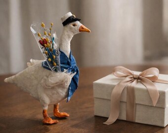 Handmade Sailor Goose Ornament – Spun Cotton Figurine, Bouquet, Nursery Decor